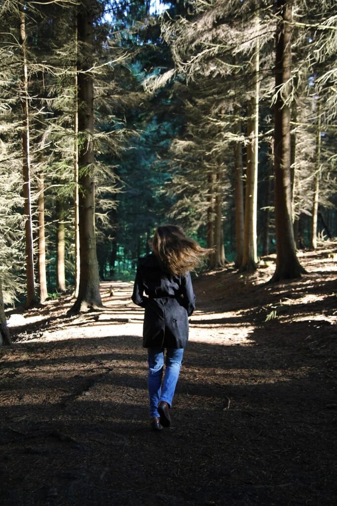 forest, woman, femme, rear, view, running, away, pine, trees, trail, path, motivation, hike, landscape, adventure, nature, run, dark, darkness, gloomy, femme, away, motivation, motivation, motivation, motivation, motivation, run